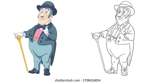 Cute gentleman, elegant man. Coloring page and colorful clipart character. Cartoon design for t shirt print, icon, logo, label, patch or sticker. Vector illustration.