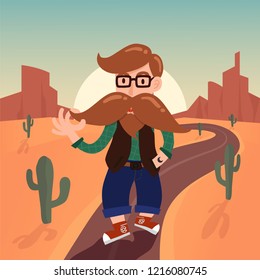 Cute gentleman hipster cartoon charactor with long mustache walking on street in desert