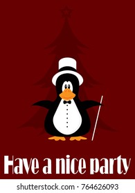 Cute gentleman penguin, cartoon character, ready for a winter holiday party