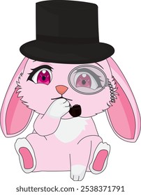 Conejo caballero lindo en sombrero y mascota del carácter del conejo del Vector del monóculo