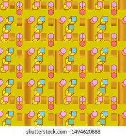 Cute geometric abstract seamless vector pattern. Squares, circles and lines. Black outline. White background. Blue, green, yellow, orange, red, violet colors.