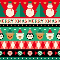 Cute Geometric Animals And Christmas Elements Seamless Striped Pattern Background.