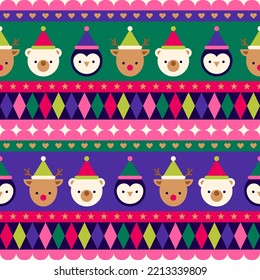 Cute geometric animals and christmas elements seamless striped pattern background.