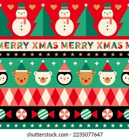 Cute geometric animals and christmas elements seamless striped pattern background.