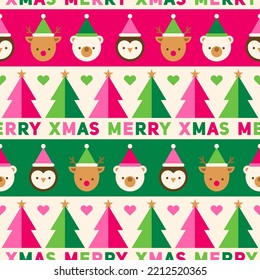 Cute geometric animals, pine tree and typography design with striped pattern background.