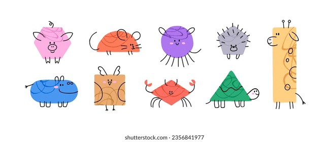 Cute geometric animals set. Funny shaped characters with happy smiling faces. Doodle giraffe, mouse, hippo, crab in modern geometry style. Kids flat vector illustrations isolated on white background.