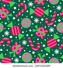 Cute geometric candy and gift box with snow seamless pattern design for christmas and new year holidays background.
