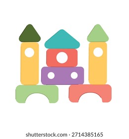 Lindo castillo geométrico construido a partir de Formas simples, ilustrado en un estilo de Vector para niños plano. Colores brillantes, fondo blanco. Perfecto para los diseños de los niños, Formas de aprendizaje, juguetes, y tema de juego creativo