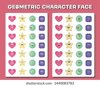Cute Geometric Character Face Emotion Illustration (Retro Emoticon, Emotion, Heart, Star, Circle, Square)