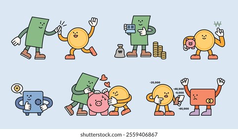 Cute geometric characters. Banknotes and coins are saving money together. Illustration on the theme of economy.