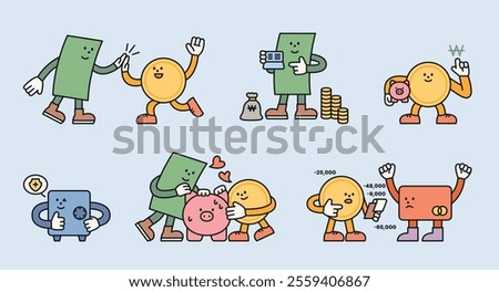 Cute geometric characters. Banknotes and coins are saving money together. Illustration on the theme of economy.
