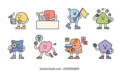 Cute geometric characters. Busy working in the office. An illustration featuring business people in an office.