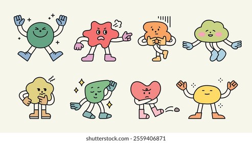 Cute geometric characters. Expressing various emotions such as anger, smiling, etc. Illustrations themed on various emotions.