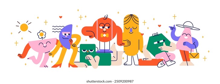 Personajes geométricos lindos con caras felices divertidas. Grupo de Formas de geometría, figuras lúdicas con emociones, expresiones. Ilustración vectorial plana colorida de los niños modernos aislada en el fondo blanco