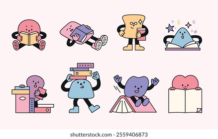 Cute geometric characters. Reading books, sleeping, or playing. Illustrations on the theme of reading.