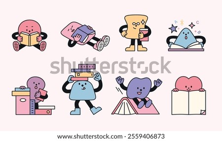 Cute geometric characters. Reading books, sleeping, or playing. Illustrations on the theme of reading.