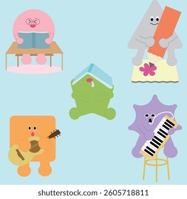Cute Geometric Characters Reading and Writing Together