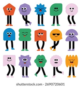 Vetor de caracteres geométricos bonito, forma divertida mascotes com faces e pernas	
