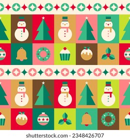 Cute geometric christmas elements seamless pattern with rectangular background.