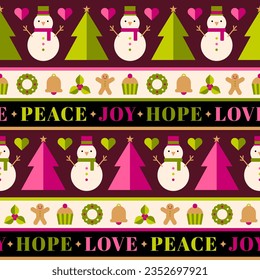 Cute geometric christmas elements with seamless striped pattern background.