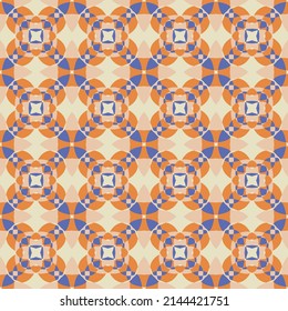 Cute geometric colorful seamless pattern in warm colors. Overlapping art forms, stripes, polygons, segments are grouped and arranged in a certain order. Vector. 