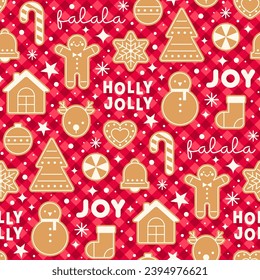 Cute geometric cookies and words with plaid pattern design for christmas holidays background.