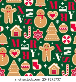 Cute geometric cookies and words seamless pattern design for christmas holidays background.