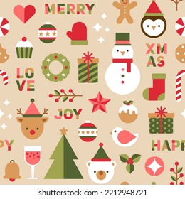 Cute geometric elements and typography design seamless pattern for christmas and new year celebration.