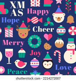 Cute geometric elements and typography design seamless pattern for christmas and new year celebration.