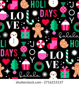 Nette geometrische Elemente mit Worten nahtloses Muster Design für Weihnachten und Neujahr Feier Hintergrund.
