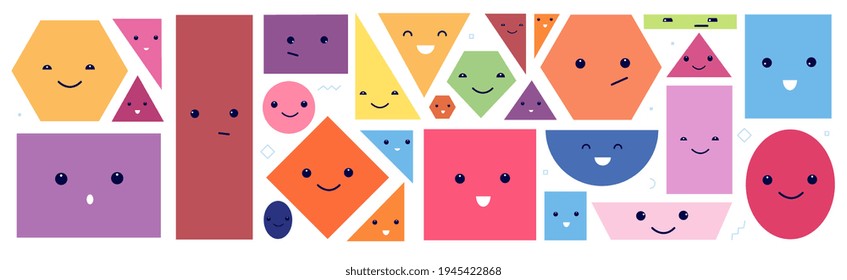 Cute geometric faces. Isolated polygon face with eyes and emotions. Circle shape characters. Funny cartoon abstract kids utter vector elements