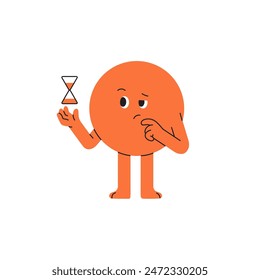 Cute geometric figure with hourglass in hand thinking. Character with round shape countdowns time with sand timer. Funny circle with thought face expression. Flat isolated vector illustration on white