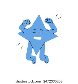 Cute geometric figure jump for joy with hands up. Character with star shape rejoices for success, win. Happy emotions, funny facial expression. Flat isolated vector illustration on white background