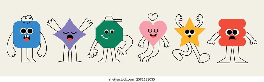 Cute geometric figures with faces. Isolated cartoon heads with eyes and emotions. Group of geometric characters. Funny drawings with childish style. Flat vector illustrations.