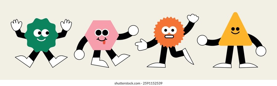Cute geometric figures with faces. Isolated cartoon heads with eyes and emotions. Group of geometric characters. Funny drawings with childish style. Flat vector illustrations.