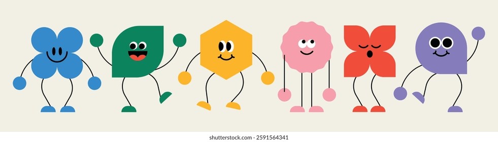 Cute geometric figures with faces. Isolated cartoon heads with eyes and emotions. Group of geometric characters. Funny drawings with childish style. Flat vector illustrations.