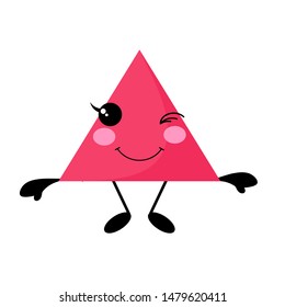 Cute Geometric figures learning. Nice visual educational material. Cartoon triangle with legs and arms.