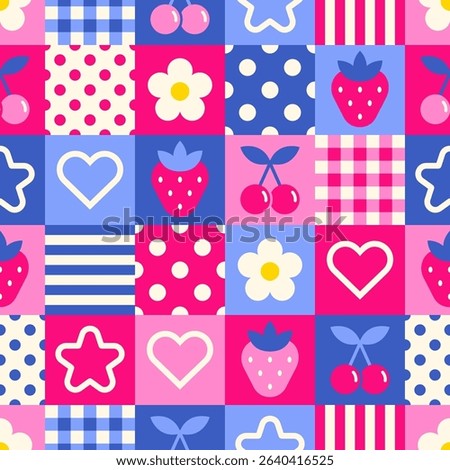 Cute geometric flower, berry fruit, heart and star seamless square pattern design background.