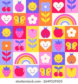 Fleur géométrique mignonne, fruit, arc-en-ciel, soleil, insecte et coeur motif carré harmonieux arrière-plan design.