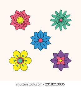 Cute geometric flower icons in bright and playful colors. Geometric shapes and bright, cheerful colors. Each icon brings a burst of energy and charm, perfect for adding a lively touch to your projects