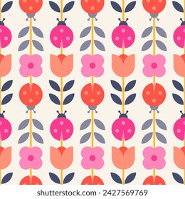 Cute geometric flower and ladybug seamless pattern background.