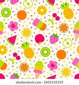 Cute geometric fruit, hibiscus and ice cream seamless pattern design for summer holidays background. 