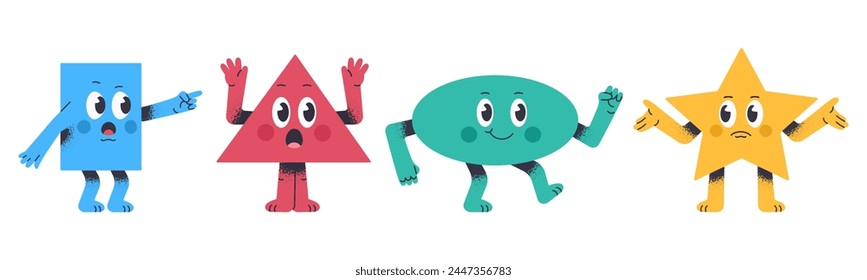 Cute geometric mascots. Funny comic shapes for math school learning, colorful figures, abstract characters with funny faces flat vector illustration set. Figures with different emotions
