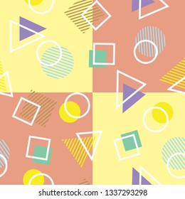 Cute Geometric minimal seamless Vector pattern with colorful on Yellow and Brown background. Form a triangle, a line, a circle. fashion Memphis style. for print, fabric, etc.