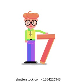 Cute Geometric Nerdy Guy Holding A Number Seven 7 Character Illustration Design Great for Kids