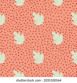Cute geometric oak seamless patternon dots background. Simple nature wallpaper. For fabric design, textile print, wrapping, cover. Doodle vector illustration.