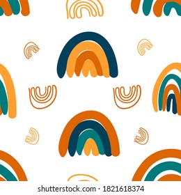 Patrón geométrico lindo. Vector de doodle dibujado a mano de arcoiris con fondo transparente en colores brillantes. Diseño de verano. Arcoiris sobre fondo blanco. Fondo vectorial infantil de moda.