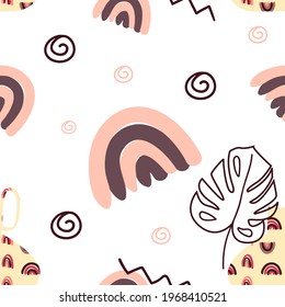 Cute geometric pattern. Hand drawn rainbow doodle vector seamless background in bright colors. Summer design. Rainbow on white background. Trendy kids vector background.