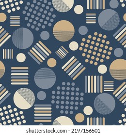 Cute geometric seamless pattern. Groups of stripes and circles, art forms with smooth edges are randomly placed on a dark background. Vector.