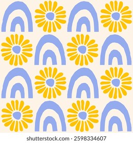 Cute geometric seamless pattern with hand drawn shapes on a beige background. Simple groovy modern design. Blue and yellow colors. Vector illustration